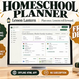 May include: A computer monitor displaying the Lesson Lantern homeschool planner interface with student schedules, lesson tracking, and attendance data. The screen shows the Okafor Family Academy dashboard with text labels for rolling lessons, attendance, and grades.