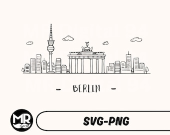 Può includere: Illustrazione in bianco e nero dello skyline di Berlino, con la Torre della televisione e la Porta di Brandeburgo. La parola "BERLINO" è sotto. Il testo "SVG-PNG" è in un rettangolo bianco.
