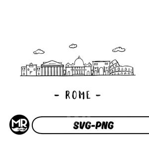 Puede incluir: Un dibujo en blanco y negro de la línea del horizonte de Roma, con monumentos emblemáticos como el Coliseo, el Panteón y la Basílica de San Pedro. El texto "ROMA" está escrito debajo del horizonte.
