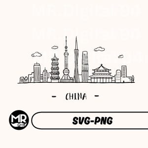 May include: Black and white line art illustration of the China skyline, including iconic buildings and structures. The word "CHINA" is written below the skyline. The image also includes the text "SVG-PNG".