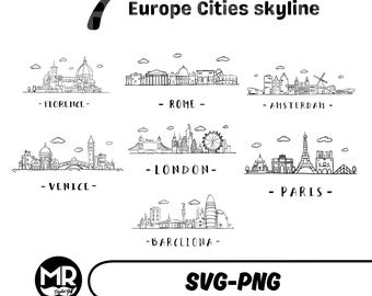 Europe City Skyline SVG PNG: London, Paris, Rome (Digital Download)