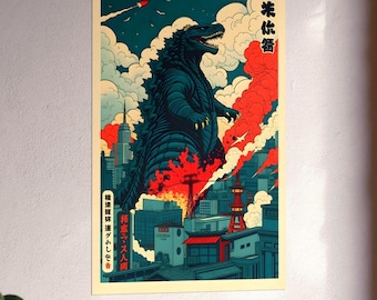 May include: A rectangular wall poster featuring a large dark blue monster standing over a city skyline. The scene includes billowing red smoke, white clouds, and a dark blue sky. Japanese text is visible in the top right and bottom left corners.
