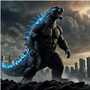 Créature féroce monstre Godzilla sur les toits de la ville au crépuscule - Clipart pour téléchargement immédiat et impression à la demande par sublimation