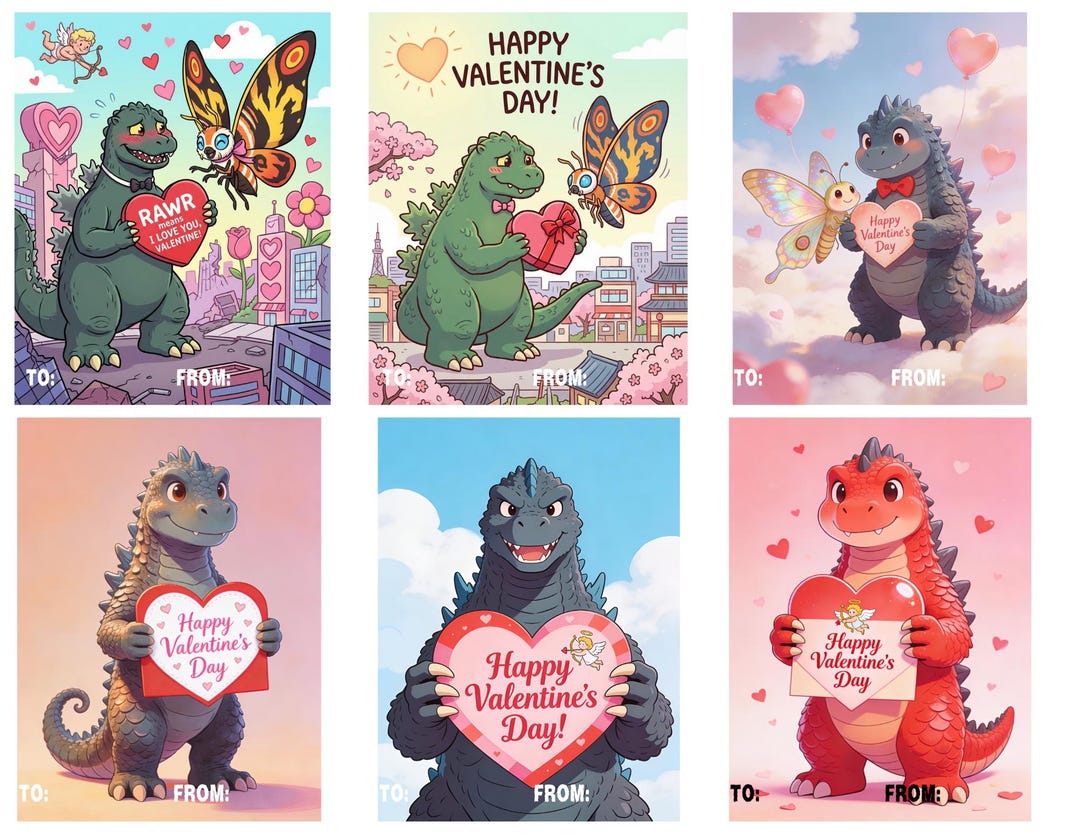 Godzilla Valentine Cards Printable Cartoon Dinosaur, RAWR I Love You