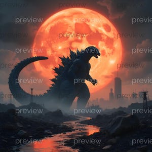Godzilla PNG: Japanese Red Sun Kaiju Silhouette (Digital Download)