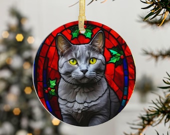 Weihnachtsschmuck „Graue Katze“ | Keramik in Buntglasoptik