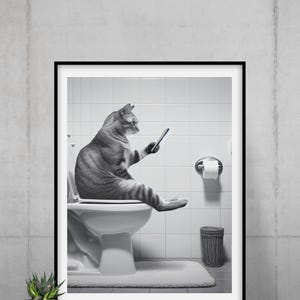 Grappige kat badkamer muurkunst bezet! Humoristische kat op toilet met smartphone - download clipart direct voor sublimatie Housewarming cadeau
