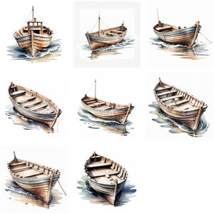 Colección de imágenes prediseñadas de barcos de pescadores rústicos en acuarela: PNG costeros para sublimación y diseños náuticos