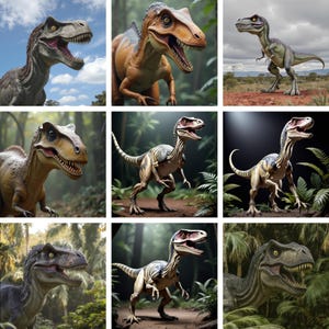 Realistic Dinosaur Clipart Collection - Instant Download Sublimation Design Featuring T-Rex and Velociraptor Illustrations