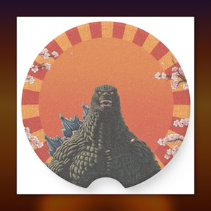Godzilla Sunset Soapstone Car Coaster | Monster Sunburst Sakura | Kaiju Decor Gift