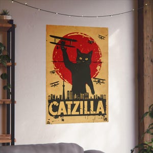 Catzilla Vintage Movie Poster: Giant Black Cat vs Biplanes (Digital Art Print)