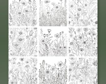 Imágenes prediseñadas de flores silvestres en estilo lineal / Láminas botánicas estilo cottagecore / Descarga instantánea