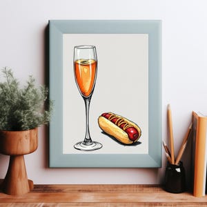 Szampan i Hot Dog Nowoczesna sztuka cyfrowa - idealna do wystroju kuchni lub baru - prezent na parapetówkę Dekoracja baru Sztuka kuchenna Alkohol
