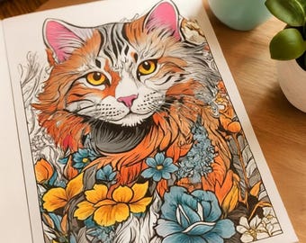 Cat Coloring Book & Floral Pages - Fun Digital Download for Lovers - Relaxing Printable Art
