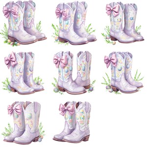 Botas vaqueras moradas de Pascua con motivos florales y de huevos de Pascua: perfectas para celebraciones de primavera y diseño de sublimación.