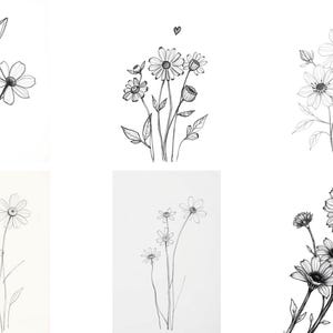 Clipart floral bohemio: arte botánico lineal en blanco y negro para diseños de sublimación cottagecore