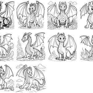 Può includere: Una collezione di illustrazioni di draghi in bianco e nero. I draghi variano in posa ed espressione, alcuni con le ali spiegate, altri con fiamme o nuvole. Adatto per la colorazione o come arte decorativa.