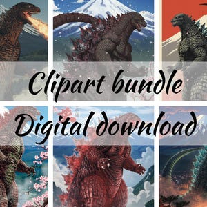 May include: A digital clipart bundle featuring six illustrations of Godzilla in various poses. Each image showcases Godzilla with different color schemes and backgrounds, including a mountain and cherry blossoms. Text reads "Clipart bundle" and "Digital download".