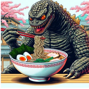 Godzilla comendo tigela de ramen com hashis - clipart colorido para download instantâneo e projetos de impressão sob demanda por sublimação