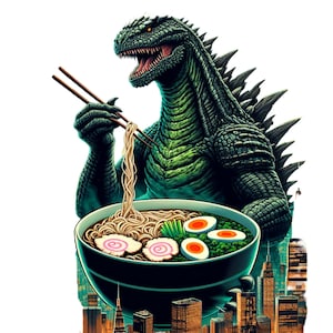 Godzilla Clipart Apreciando Macarrão Ramen com Pauzinhos no Horizonte Urbano - Clipart Colorido Download Instantâneo Design Imprimir Projetos sob Demanda