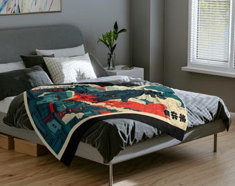 Retro Godzilla Velveteen Blanket | Kaiju Cityscape Plush Throw | Monster Fan Gift