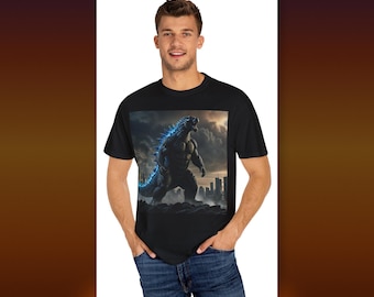 T-shirt bleu Godzilla colonne vertébrale | T-shirt paysage urbain Kaiju | Cadeau de fan de monstre | Unisexe