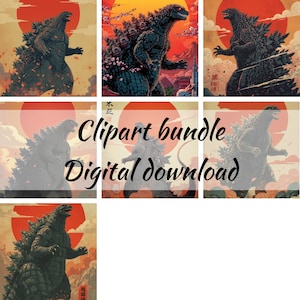 Godzilla Clipart: Vintage japanska solillustrationer (digital nedladdning)