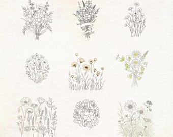 Illustrazioni floreali in stile cottagecore / Clipart in bianco e nero