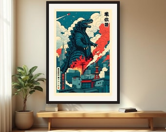 Retro Godzilla Art Print | Japanese Monster Movie Poster Digital Download