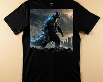 May include: A black short-sleeved t-shirt featuring a large rectangular graphic print on the chest. The graphic depicts a dark, muscular reptilian monster with glowing blue dorsal fins standing amidst a city skyline under a cloudy, dramatic sky.