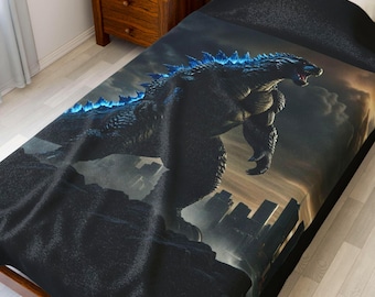 Godzilla Velveteen Plush Blanket | Black Kaiju Cityscape | Monster Movie Fan Gift