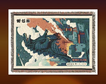 Retro Godzilla Cityscape Woven Blanket | Kaiju Throw | Japanese Monster Art Gift