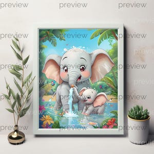 Vibrant Tropical Elephant Family Nursery Art - Colorful Jungle Animals Digital Print for Kids Room