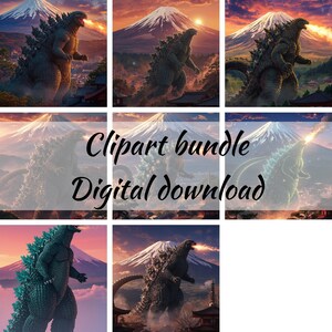 Könnte beinhalten: Ein digitales Clipart-Bundle mit Godzilla-Illustrationen. Die Bilder zeigen Godzilla in verschiedenen Posen vor dem Hintergrund eines Berges und eines Sonnenuntergangs. Der Text auf dem Bild lautet "Clipart bundle Digital download."