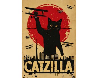 Catzilla Vintage Poster | Giant Cat Retro Monster Print - Etsy