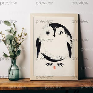 Minimalist Owl Art Print: Japandi B&W Wall Decor (Digital Download)