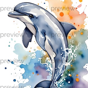Blue Ocean Dolphin Watercolor Dolphins PNG Leaping in Colorful Splash - Digital Art for Instant Download Printable Decor