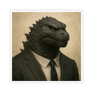 May include: A sticker featuring a portrait of a reptilian creature with dark, textured, scaly skin and sharp dorsal fins, wearing a formal charcoal gray suit jacket, a crisp white collared shirt, and a solid black necktie against a neutral background.