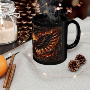 Phoenix Wings Mug | Dark Fantasy Black Ceramic Coffee Cup | Gothic Fan Gift