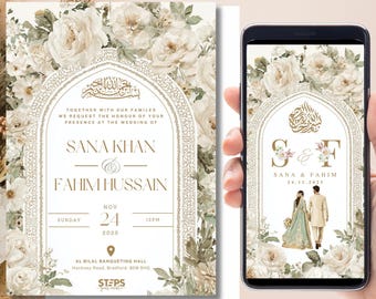 Digital Muslim Wedding Invitation Template, Electronic white roses Walima Invitation, Editable Islamic wedding invite, Neutral nikkah invite
