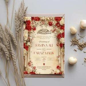 K&ouml;nnte beinhalten: Hochzeitseinladung mit den Namen Samina Ali und Faraz Malik, umrahmt von roten und wei&szlig;en Rosen. Das Datum ist der 26. Januar 2025, und der Veranstaltungsort ist Al Bilal Banqueting Hall.