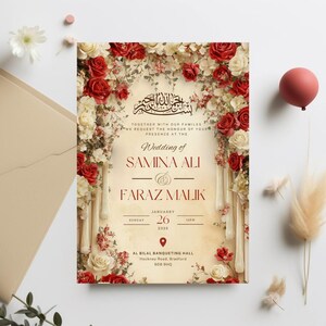 K&ouml;nnte beinhalten: Eine Hochzeitseinladung mit den Namen Samina Ali und Faraz Malik, umrahmt von roten und wei&szlig;en Rosen. Die Einladung enth&auml;lt Datum, Uhrzeit und Veranstaltungsort: Al Bilal Banqueting Hall, Bradford.