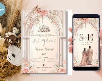 May include: A wedding invitation with a floral archway design. The invitation features the names "Saif Mehmood & Hana Yusuf" and the date "November 24, 2024".