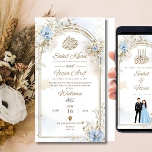 Digitale muslimische Hochzeitseinladungsvorlage, elektronischer eleganter Arch Nikah einladen, bearbeitbare islamische Hochzeitseinladung Walima Evite, blaue Einladung