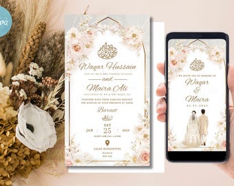 May include: A wedding invitation with a floral design and gold accents. The invitation is for Wazar Hussain and Maira Ali. The wedding will take place on January 25, 2025 at Lalas Banqueting.