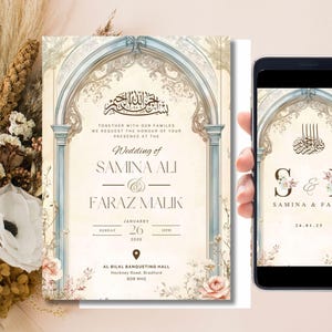 Digitale muslimische Hochzeitseinladungsvorlage, elektronische elegante blaue Mughal Walima einladen, bearbeitbare islamische Hochzeitseinladung Arch Walimah Evite