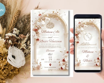 Digitale muslimische Hochzeitseinladungsvorlage, elektronischer eleganter Bogen Nikkah einladen, bearbeitbare islamische Hochzeit Baraat einladen, Creme Bogen einladen