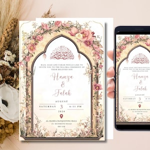 Modèle numérique de faire-part de mariage musulman, invitation florale de Nikkah moghol élégant rose beige, invitation de mariage islamique modifiable réception Evite