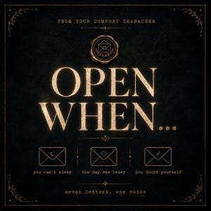 Może przedstawiać: Czarna kwadratowa grafika ze złotym tekstem: FROM YOUR COMFORT CHARACTER, OPEN WHEN..., you can't sleep, the day was heavy, you doubt yourself oraz seven letters, one voice. Wyśrodkowana jest złota ikona pieczęci lakowej z kopertą.