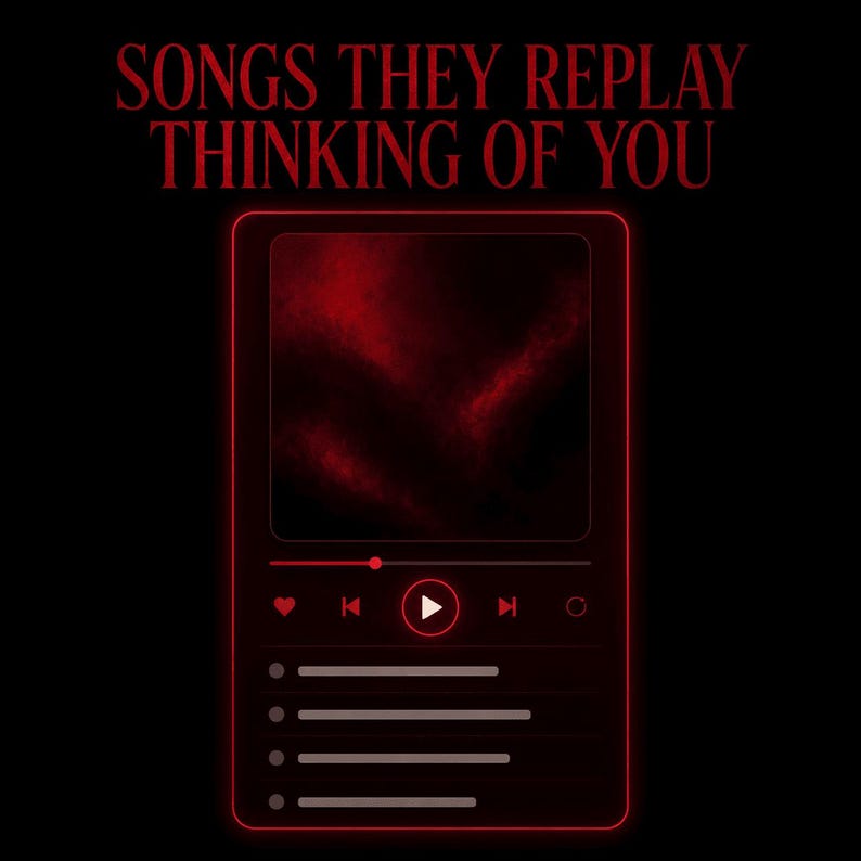 May include: A digital music player interface graphic in red and black featuring the text SONGS THEY REPLAY THINKING OF YOU. The design includes a central play button, playback progress bar, heart icon, and four horizontal lines representing a tracklist.